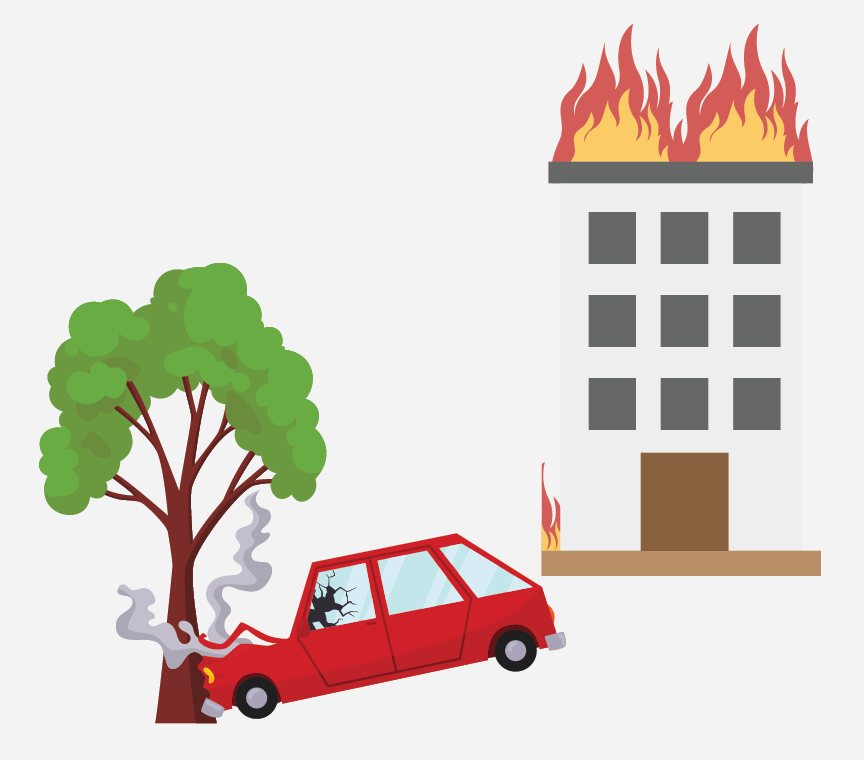 graphics of a car hitting a tree and a building on fire