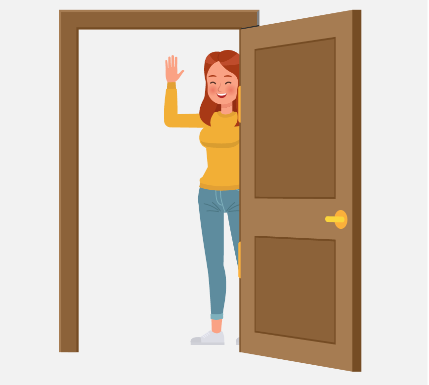 Graphic of a woman standing in a doorway, she is safe in the room.
