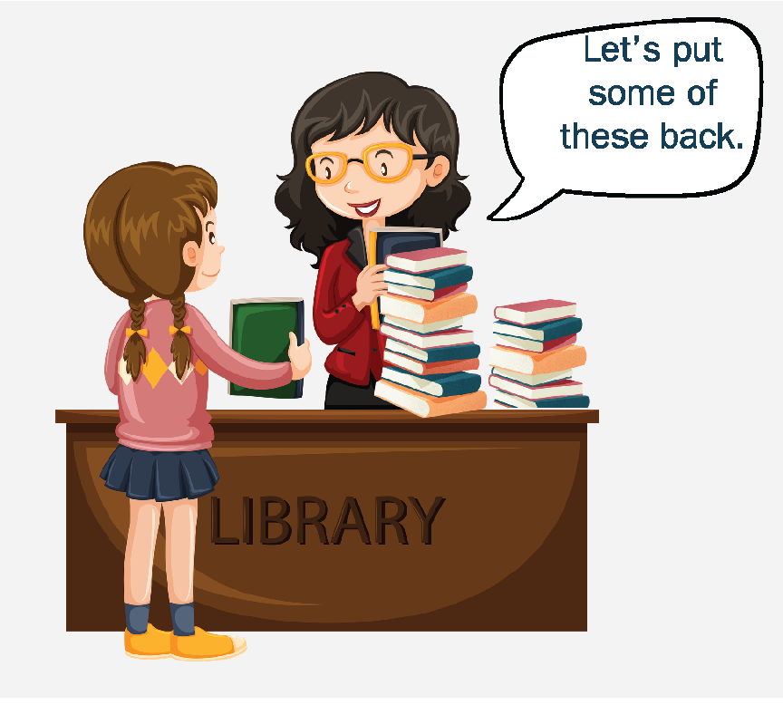 A girl checking out books at a library. The librarian is saying, 
