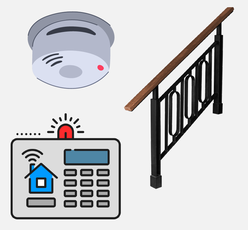 A smoke detector, a home alarm system, and a handrail.