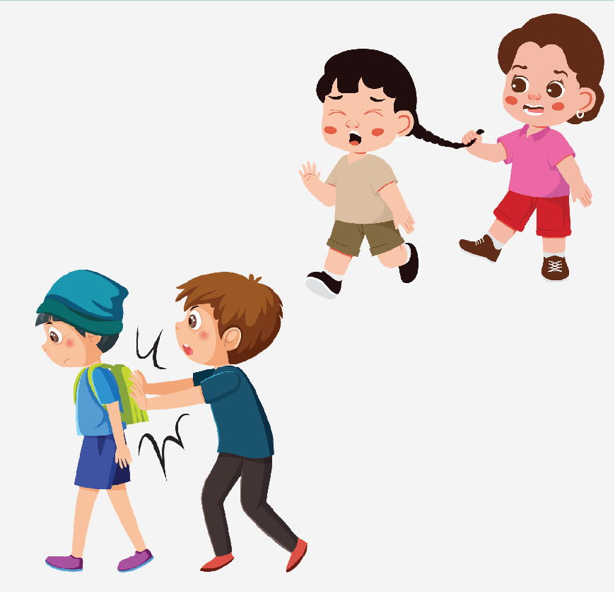 A girl pulling a girl’s braid and a boy pushing another boy.