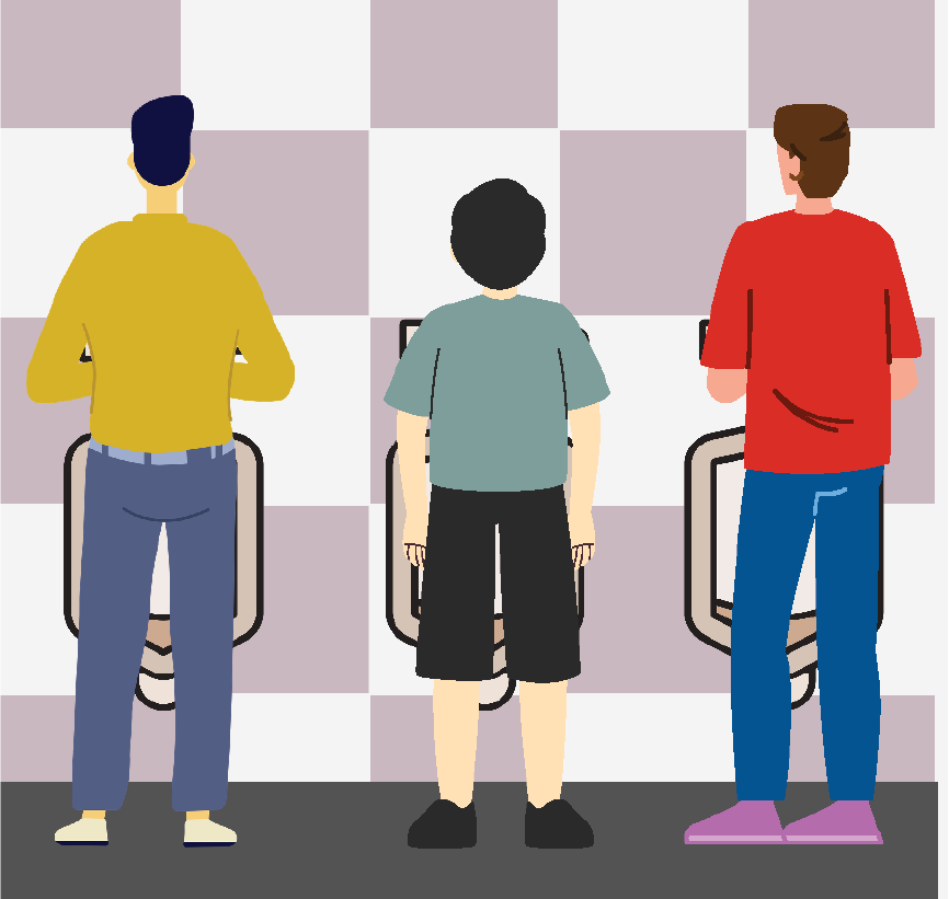 Three men standing in front of three different urinals in a bathroom.