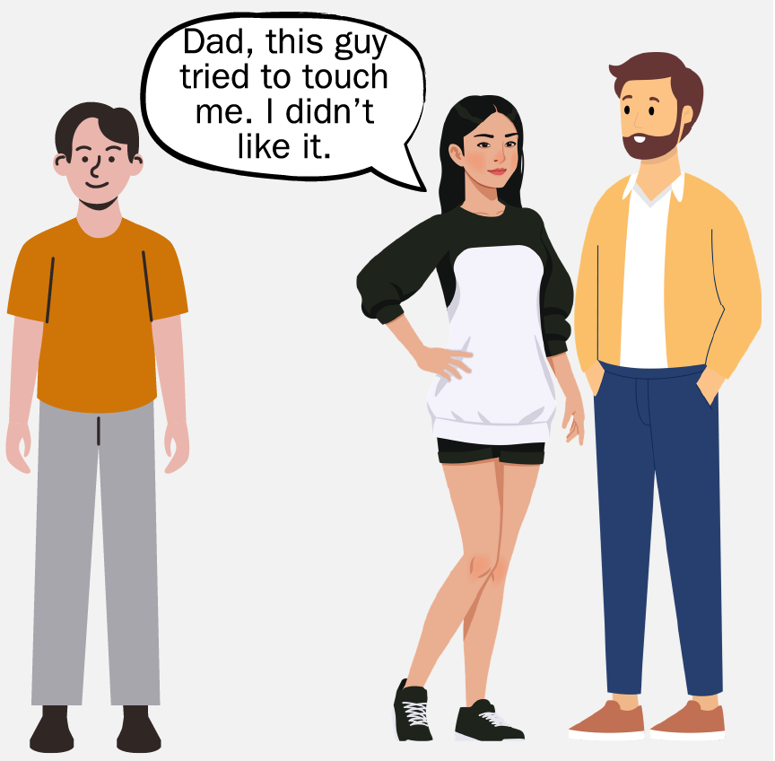 The girls says to an older man, 