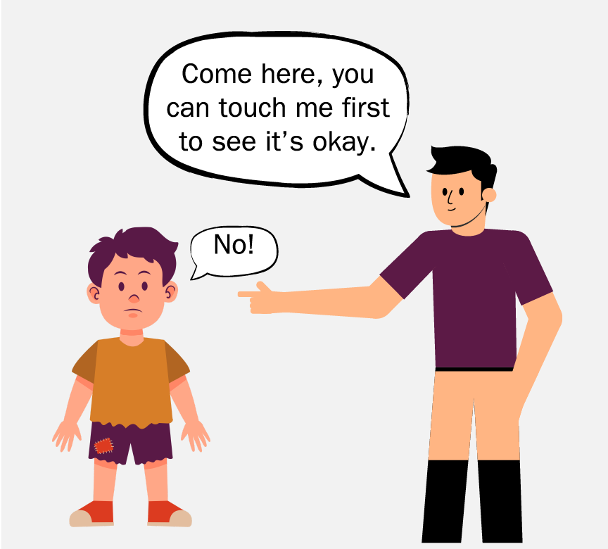 An older man with his pants down tells a boy, 