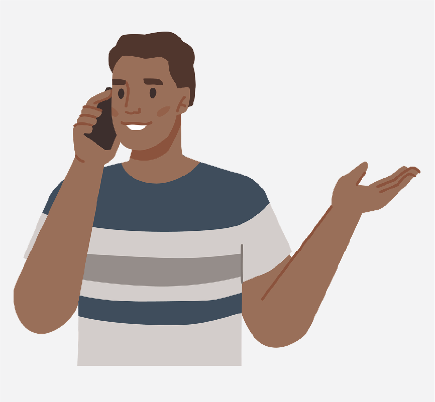 A man talking on the phone with his other hand out.
