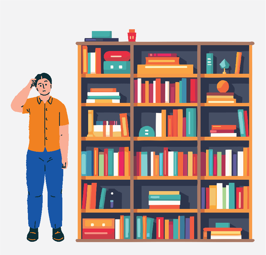 A man standing near a bookshelf at a library.