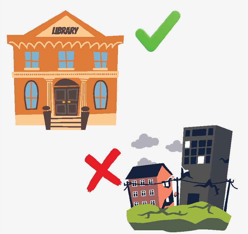 A library with a green check mark next to it and run-down buildings with a red X next to them.