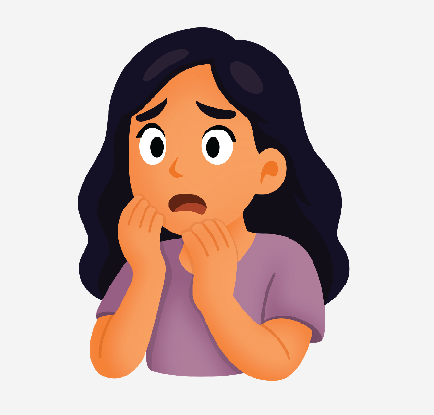 7A scared-looking woman. Her hands are by her face.