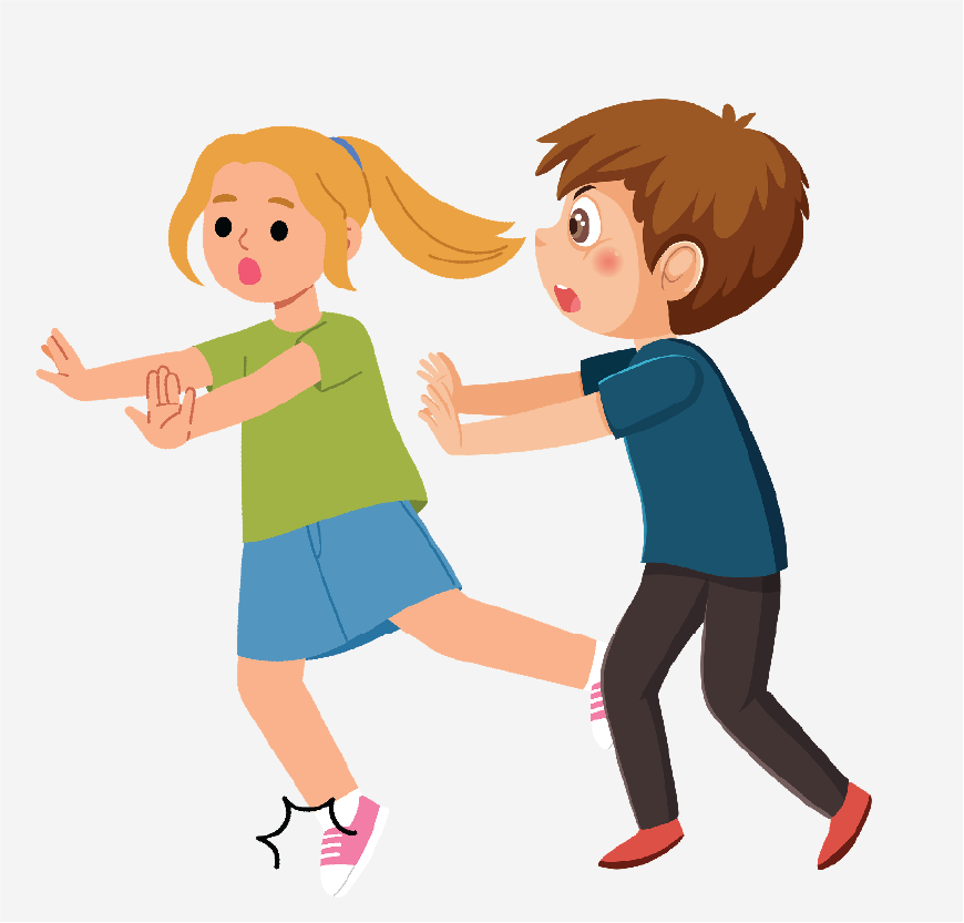 A boy pushing a girl’s back. The girls’ arms are out in front of her.