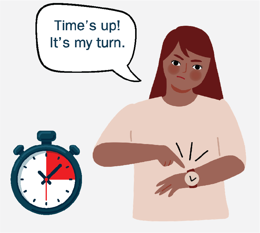 A girl pointing at her watch and saying 