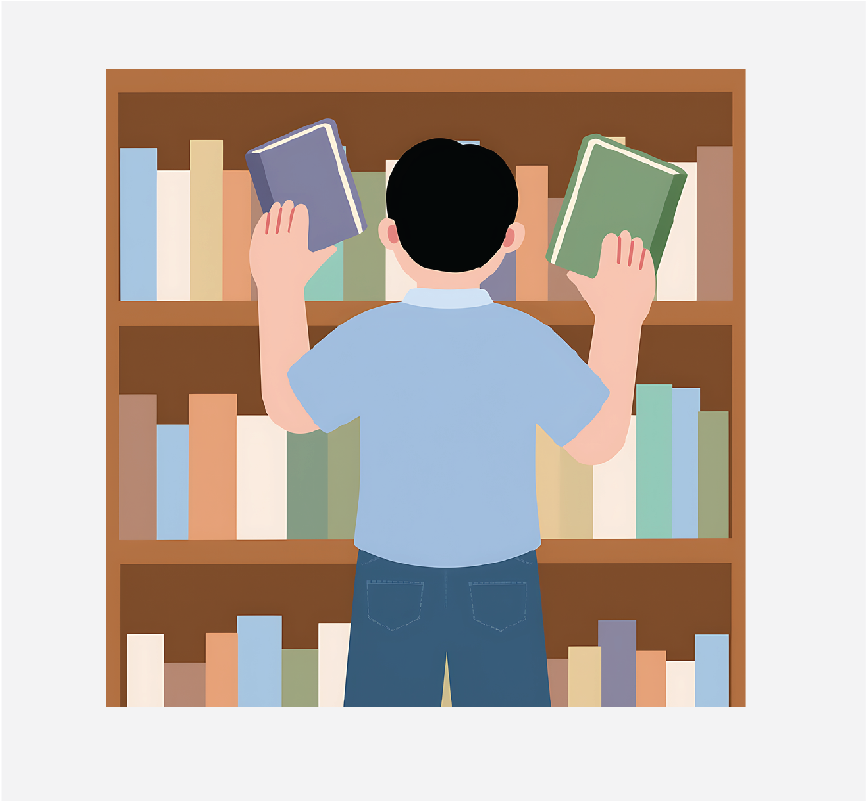 A person putting two books back onto a shelf.