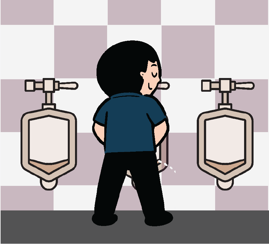 A man using a urinal with two empty urinals next to him on each side.