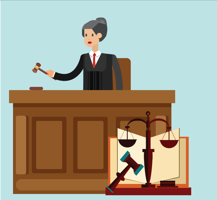 A woman wearing a robe who is a judge stands behind a desk holding a gavel. A gavel and balance are shown in the bottom right.