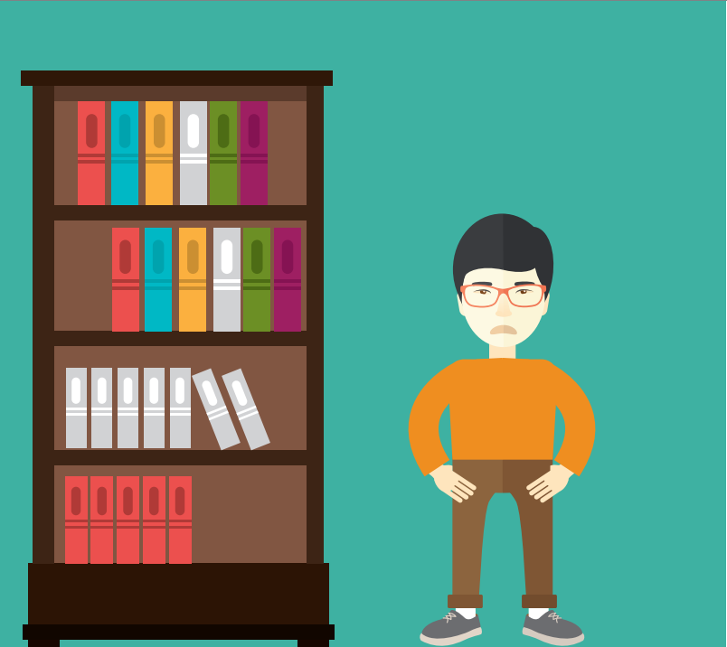 A frowning boy stands to the right of a tall bookshelf.