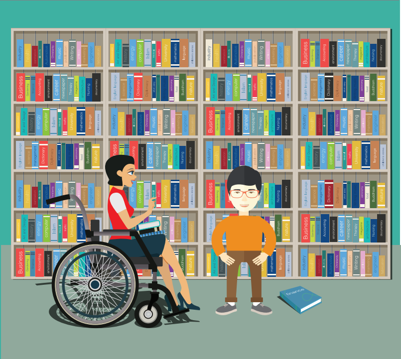 A woman in a wheelchair and a smiling boy are shown in front of a row of bookshelves.