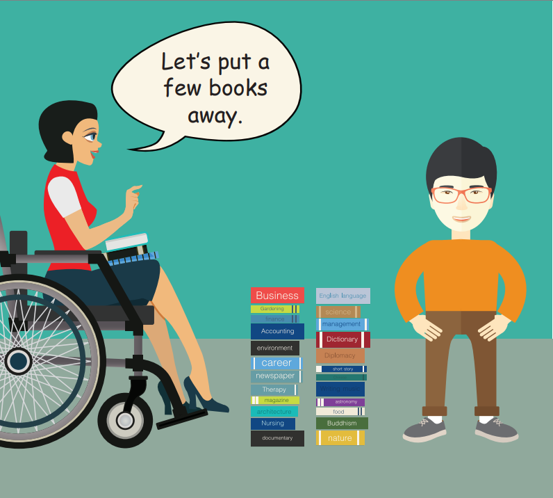 A smiling boy stands next to a large stack of books. A woman in a wheelchair on the left says, 