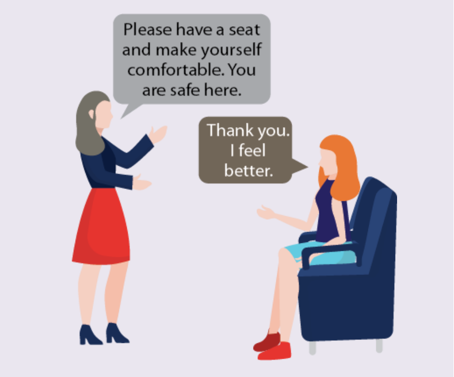 A therapist tells a woman to have a seat and make herself comfortable. The woman says, 