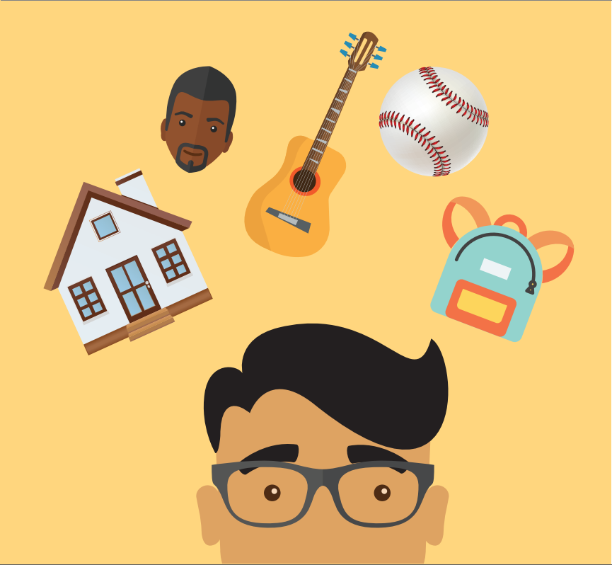 The top of a boy's head is shown with a house, man's face, guitar, baseball, and backpack above it.