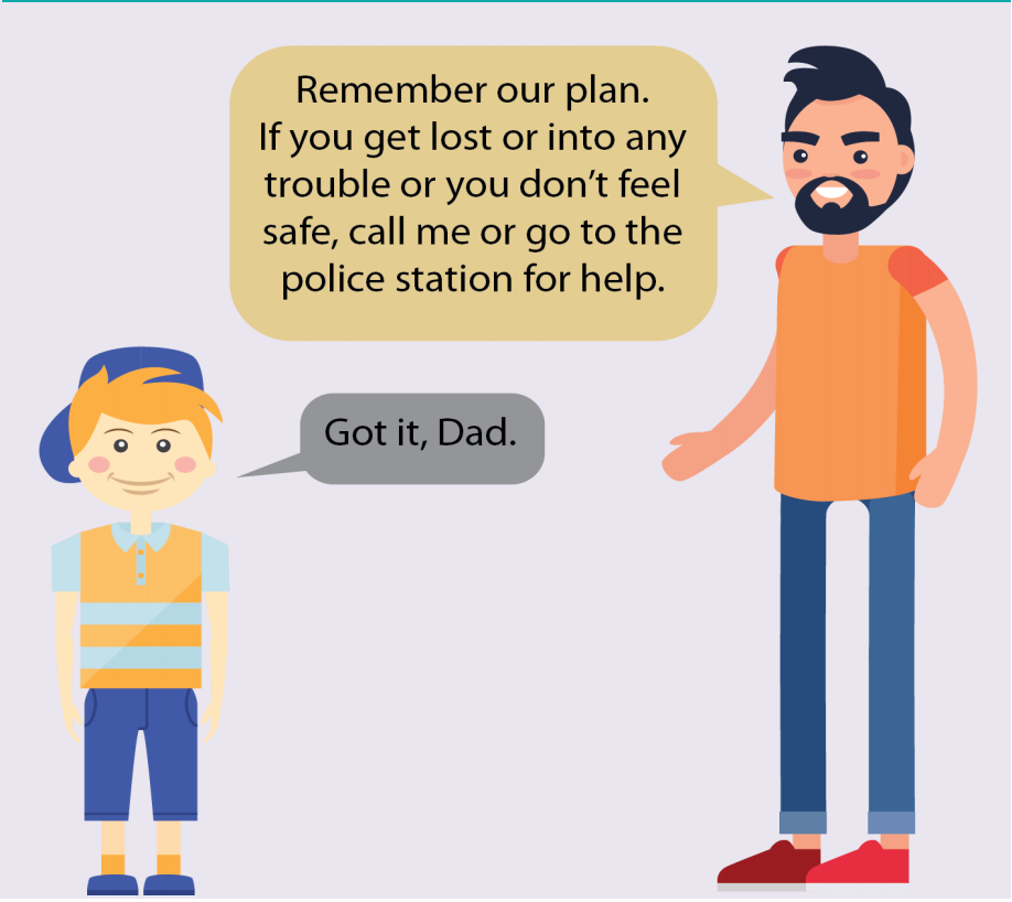 A dad tells his son to call him or go to the police station if he gets lost or feels unsafe. The son says, 