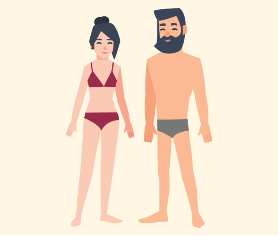 A woman smiling wearing only underwear standing beside a smiling man only wearing underwear.