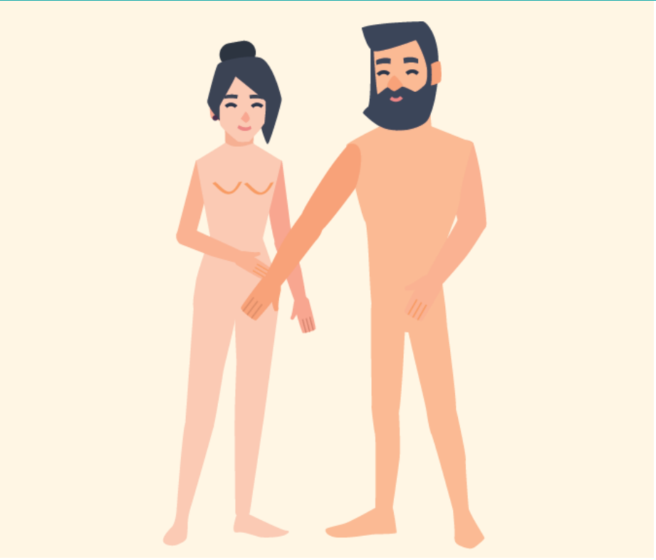 A man and woman smiling standing next to each other not wearing clothes. The man is touching the woman's leg.
