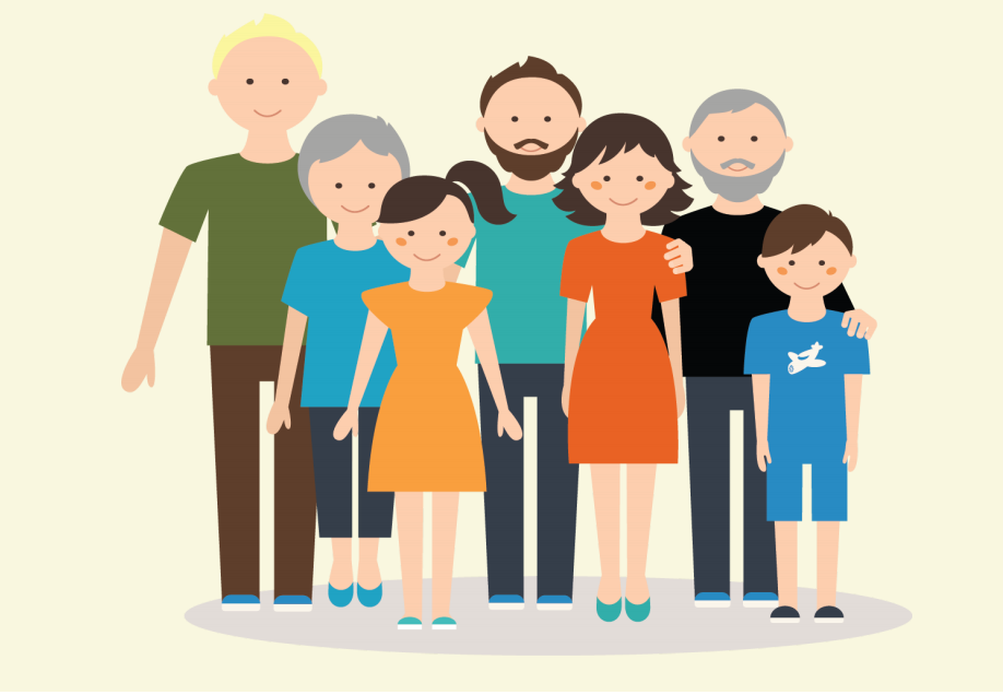An extended family with children, parents, and grandparents stands together in the center of the image.