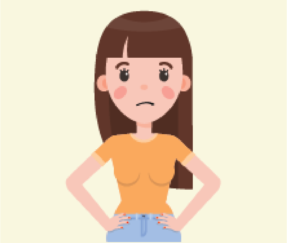 A frowning girl stands in the center of the image with her hands on her hips.