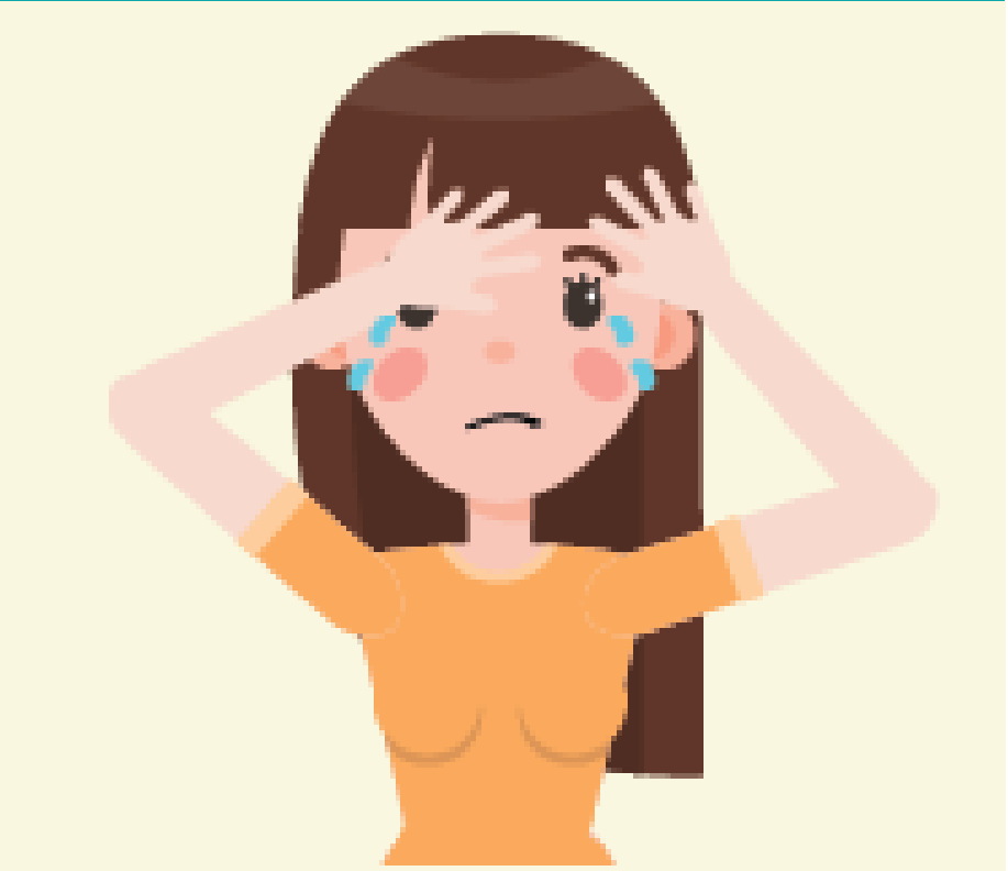 A frowning girl with her hands on her forehead cries in the center of the image.