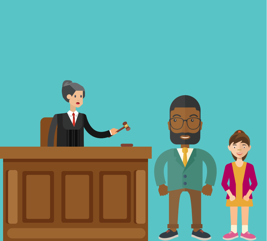 A man and a girl stand in front of a woman standing behind a desk who is a judge.