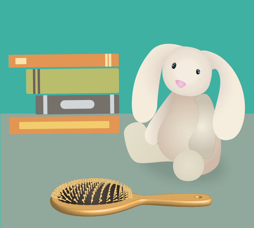 A stack of books, stuffed rabbit, and hairbrush are shown in the center of the image.