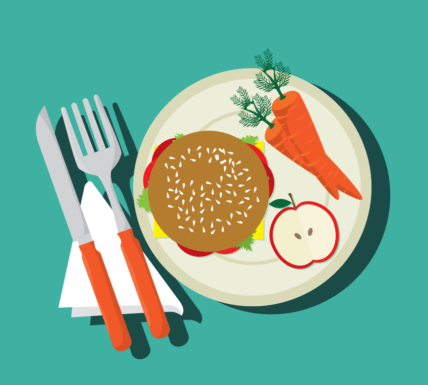 A knife and fork and plate with a hamburger, apple, and carrots are shown in the center of the image.