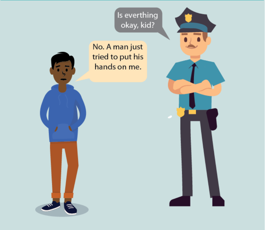 A police officer asks a boy, 