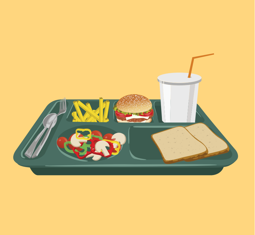 A lunch tray with a fork, spoon, french fries, vegetables, hamburger, bread, and a drink is shown in the center of the image.