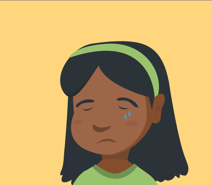 A young crying girl's face is shown in the center of the image.