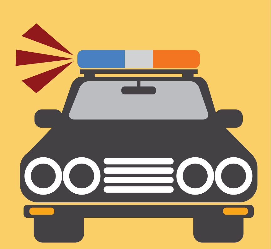 The lights on the top of a police car are shown with lines to represent sounds.