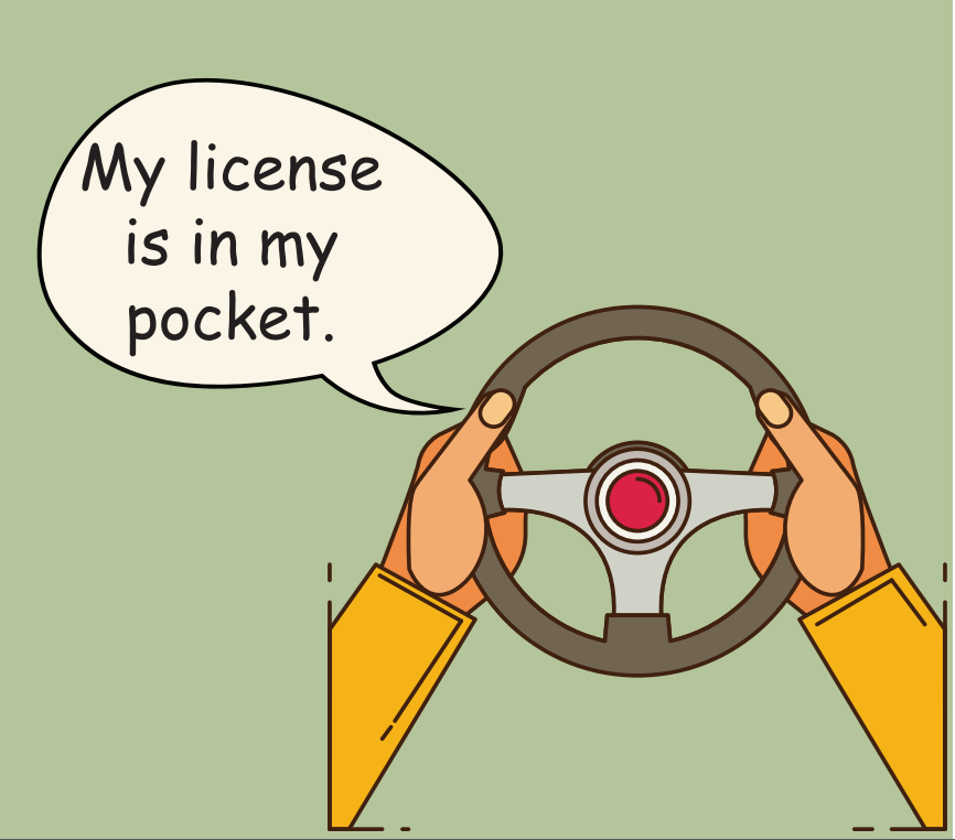 Two hands on a steering wheel shown to the right of a speech bubble that says, 