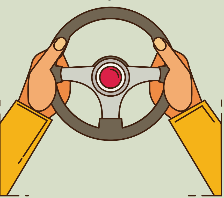 Two hands holding a steering wheel are shown in the center of the image.