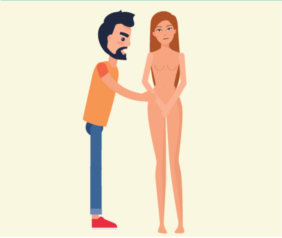 A woman not wearing clothes stands next to a man who reaches his hand out toward her.