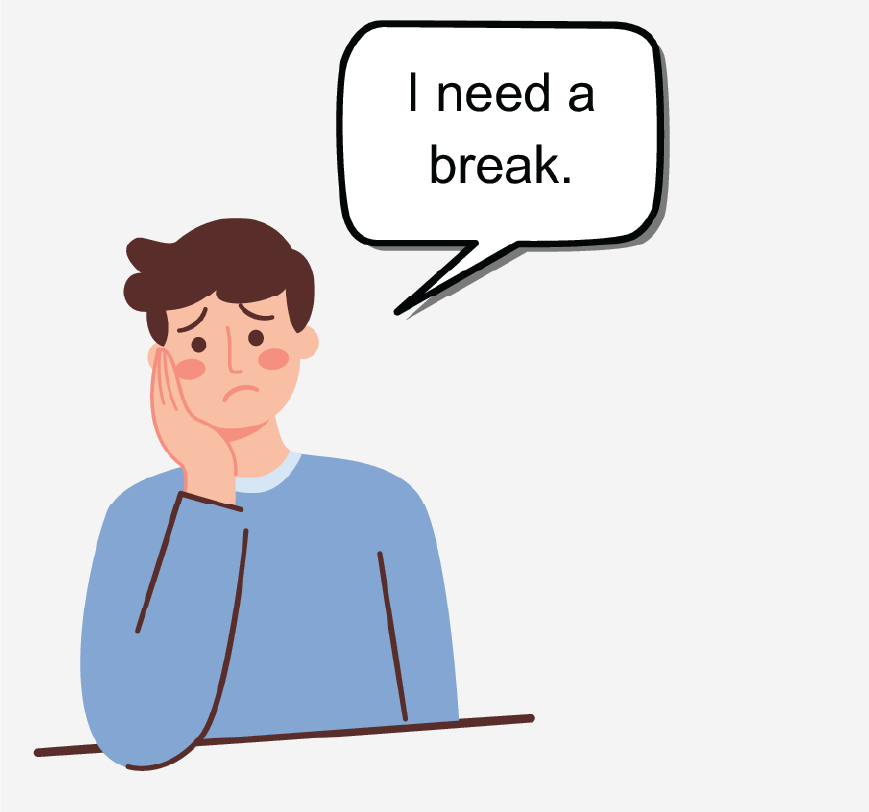 A sad, young boy with his chin resting on his hand and saying, 