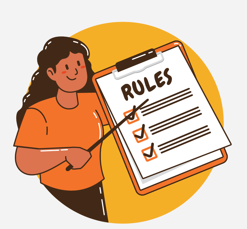 A girl pointing to a clipboard full of rules.