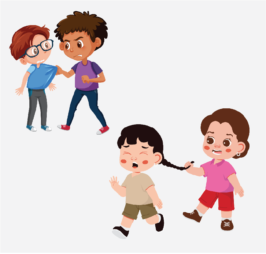 Dos niños pequeños peleando, uno tira de la camiseta del otro. Dos niñas pequeñas peleando, una tira del pelo de la otra.