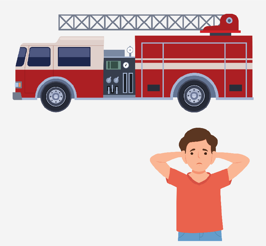 A boy covering his ears. There is a firetruck behind him.