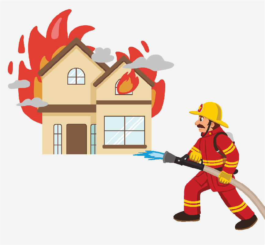 A fireman spraying a hose on a house on fire.