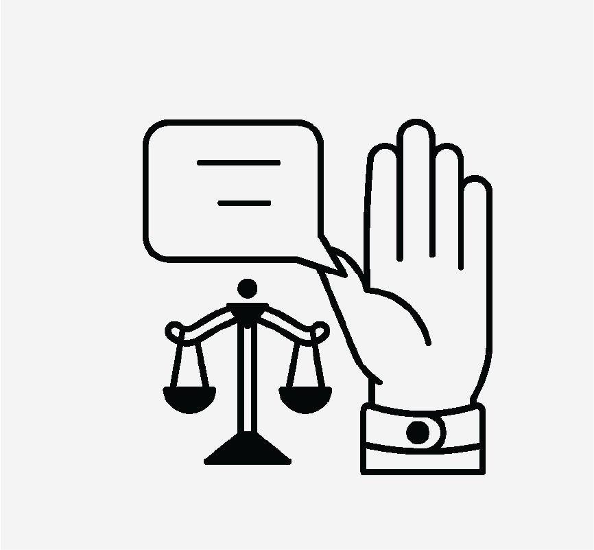 A right hand, a text bubble, and the scales of justice to show someone swearing to tell the truth.