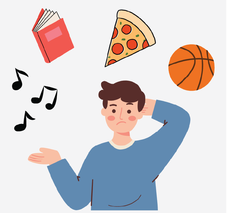 A confused boy with music notes, a book, pizza, and a basketball around his head.