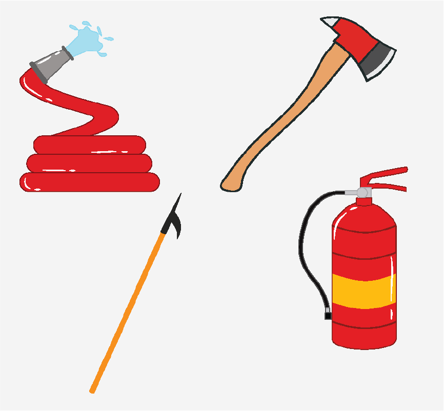 A hose, an axe, a pike pole, and a fire extinguisher.