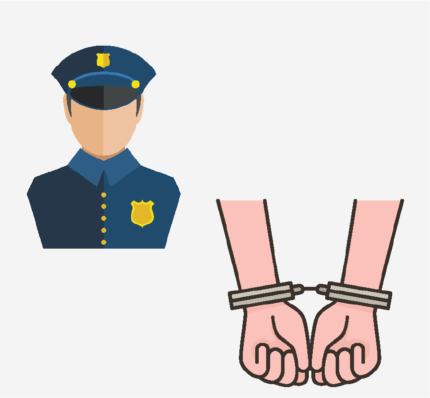 A police officer and hands in handcuffs.