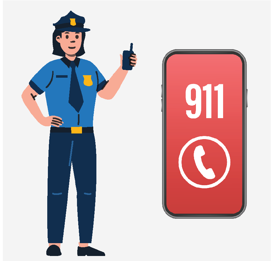A police officer and a phone with 911 and a call icon on the screen.