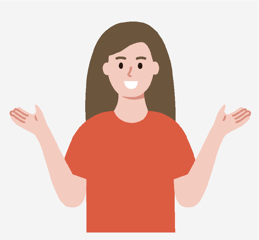 A woman smiling and holding her hands out.
