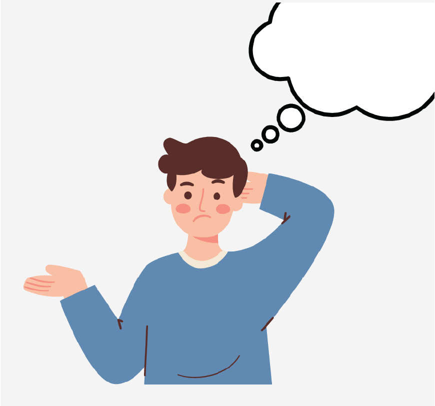 A confused boy with a thinking bubble above his head.